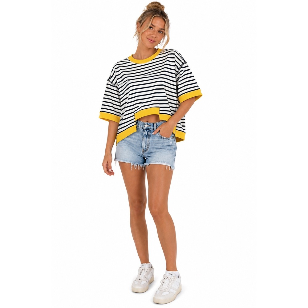 Poetsky Striped Top Womens 2XL White Black Yellow Short Sleeve High Low Tee